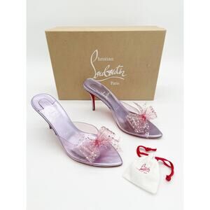 Christian Louboutin Aqua Strass PVC Pink Crystal Bow Pointed Toe Mules EU 38.5
